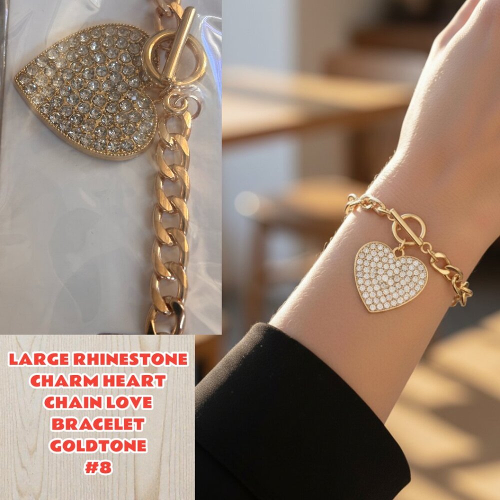 #8 VALENTINES LOVE GOLD RHINESTONE HEART CHARM CHAIN LINK‎ BRACELET NEW